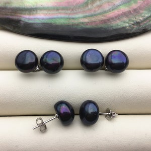 1 pair AAA 9.5-10mm Deep Blue Black Pearl Stud Earrings,stering silver pearl earrings,SE1-056 image 1