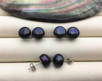1 pair AAA 9.5-10mm Deep Blue Black Pearl Stud Earrings,stering silver pearl earrings,SE1-056