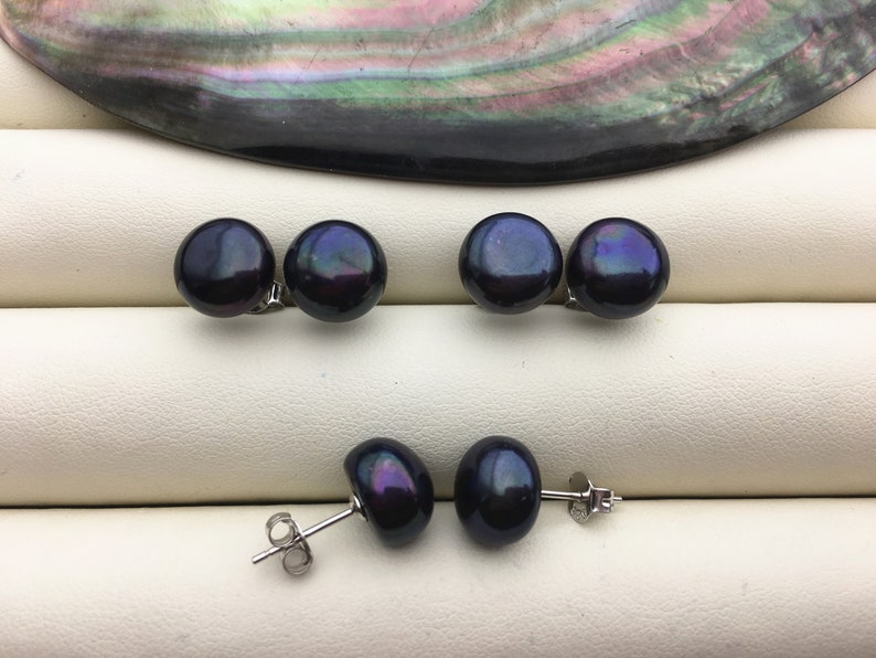 1 pair AAA 9.5-10mm Deep Blue Black Pearl Stud Earrings,stering silver pearl earrings,SE1-056 image 1
