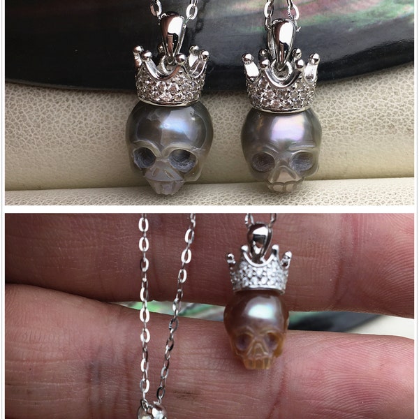 AAA 8mm White/purple/gray/black handmade carved skull freshwater pearl crown pendant necklace,S925 Sterling silver pendant,NC1-012-13