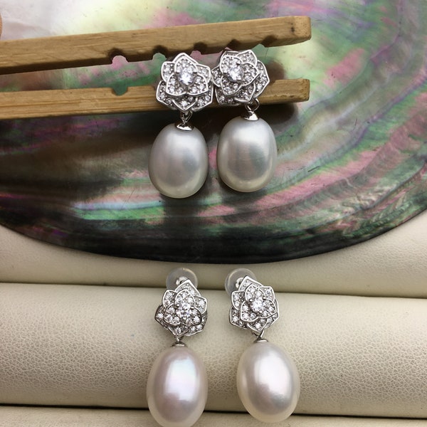 AAA 9mm White rice pearl cz stud earrings,zircon S925 Sterling Sliver pearl earrings,pearl for women for girl,SE3-102