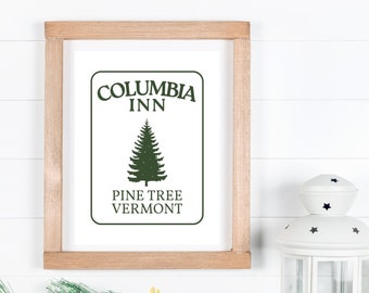 Vit julskylt Columbia Inn tallträd Vermont digitala tryck >>> Posterstorlek 45x60 cm