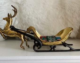 Vintage Brass Reindeer with Sleigh MCM | Century Brass | HEAVY, QUALITY