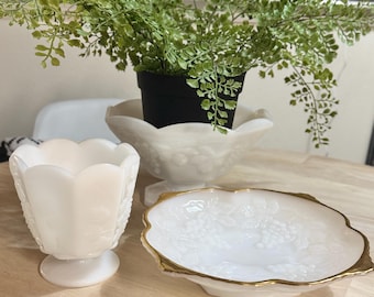 Vintage Milk Glass Set: Anchor Hocking Pedestal Dish & E.O. Brody Vase