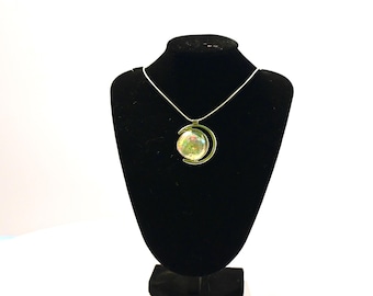 Fused Glass Crescent Moon Pendant Necklace with dichroic glass center piece