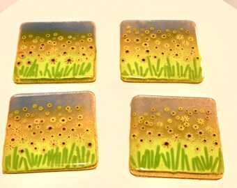 Fused Glass Sunflower Meadow Coaster Set