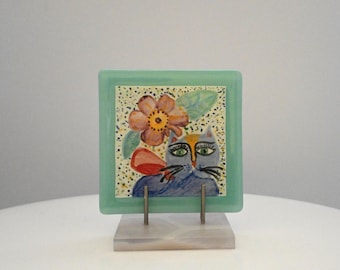 Fused Glass Whimsical Cat and Flower  tile