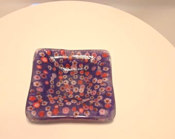 Fused Glass Handcrafted  Purple Floral Murrine Dish