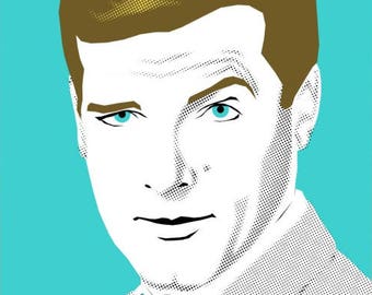St. Roger illustration inspired by iconic 1960s secret agents, part of the 1960s spies collection of pop art prints by Art & Hue