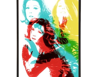 Mrs Peel Titles pop art print with Diana Rigg as Emma Peel in the cult British 1960s TV show with Patrick Macnee as spy John Steed