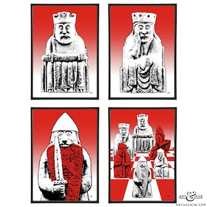 Louis Chessmen Pop Art Drucke in 4er-Gruppe mit stilvollen Wiedergaben der Schachfiguren