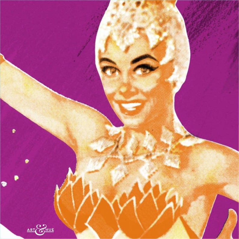 Stylish pop art of the 1957 Edinburgh-set musical film with Vera-Ellen as a showgirl and Tony Martin in white tuxedo Let/'s Be Happy