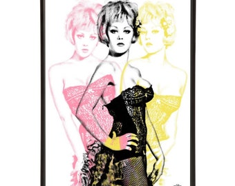 Triple Nolan pop art print of the British Blonde Bombshell actress Margaret Nolan, in 3 sizes and many colour options.