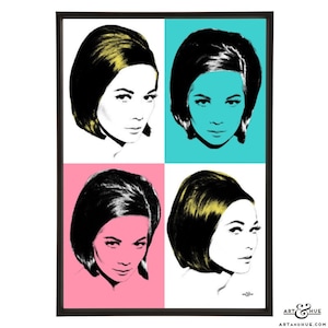 Kwan Quad - Stampa pop art dell'icona degli anni '60 Nancy Kwan con il suo caschetto di Vidal Sassoon, parte dell'elegante collezione pop art Nancy Kwan di Art & Hue.
