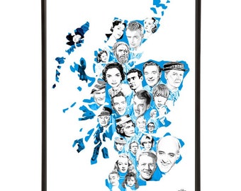 Scottish film map pop art print featuring a map of Scotland with classic Scot films and actors, in 3 sizes and 19 colours.