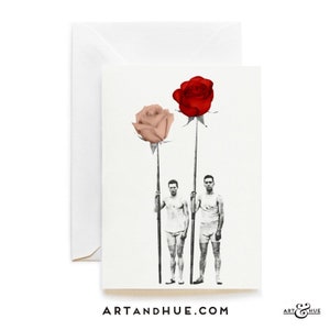 Frowers Greeting Card with vintage sport boat rowers holding giant flowers, red & pink roses, ideal for Valentine&#39;s Day, Anniversaries, etc