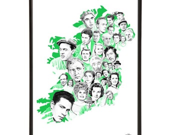 Irish film map pop art print featuring a map of Ireland with classic Irish films and actors, in 3 sizes and 20 colours.