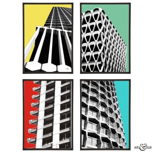 Architecture brutaliste Groupe de 4 tirages Pop Art Moderniste Modernisme Brutalisme Bâtiments Londres Années 1960