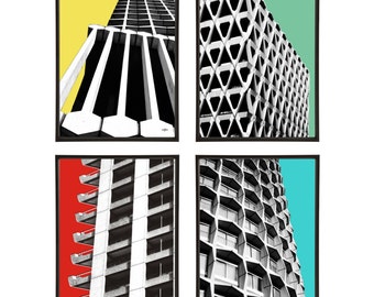 Brutalist Architecture Group of 4 Pop Art Prints Modernist Modernism Brutalism London Buildings 1960s
