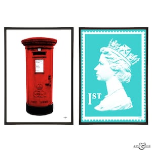 Paar pop-artafdrukken per post met brievenbus en eersteklas postzegel met het hoofd van de koningin, giclee-kunstposter fine-art kaart