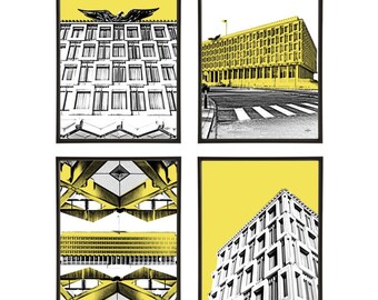 American Embassy Architecture Group of 4 Pop Art Prints Mayfair inspired by Eero Saarinen's modernism in London, in 3 sizes & 19 colours