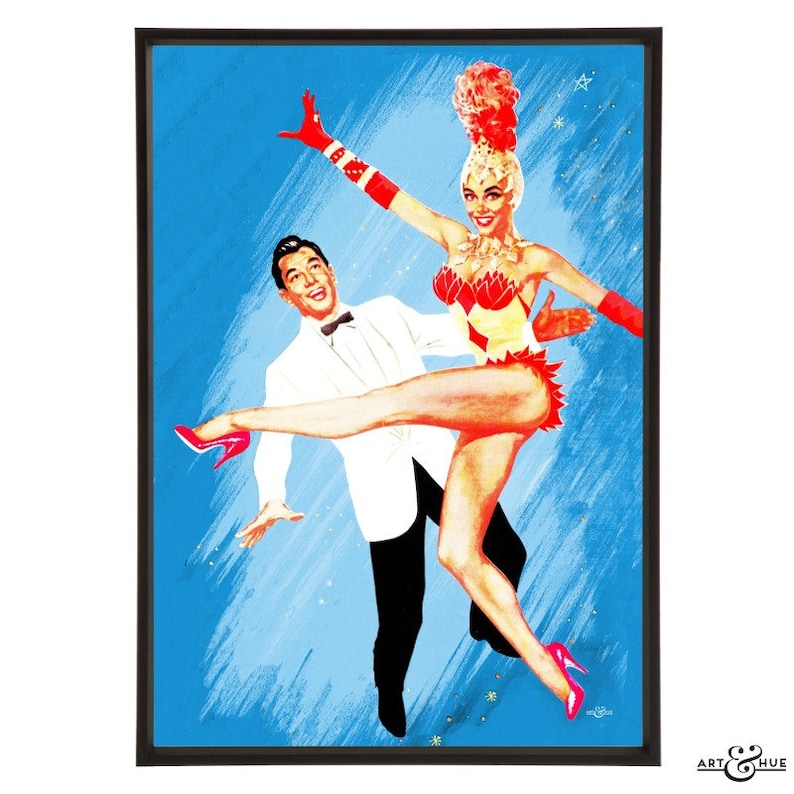 Stylish pop art of the 1957 Edinburgh-set musical film with Vera-Ellen as a showgirl and Tony Martin in white tuxedo Let/'s Be Happy