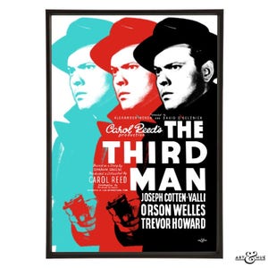 The Third Man pop art of the 1949 film noir classic by Carol Reed with Orson Welles, available in 28 colours & 3 sizes, with or without text