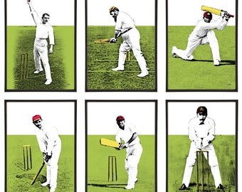 Cricket Group of 6 Pop Art Prints with cricketers W.G. Grace, Learie Constantine, JT Hearne, Prince Ranji, George Headley & Richard Pilling