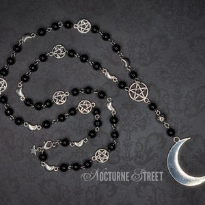 Gothic Rosary Necklace - Whimsigoth Moon Necklace, Trad Goth Jewelry, Occult Pentagram Necklace, Pagan Rosary Prayer Beads