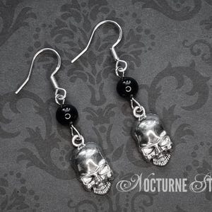 Gothic Skull Earrings With Black Onyx - Gothic Earrings, Trad Goth Jewelry, Halloween Earrings, Occult Skull Jewelry, Dark Academia