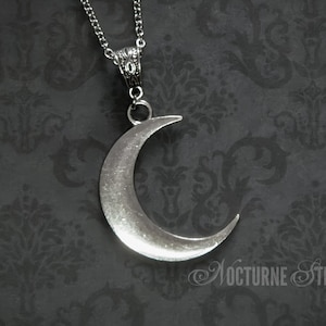 Silver crescent moon necklace on a dark gothic damask background.
