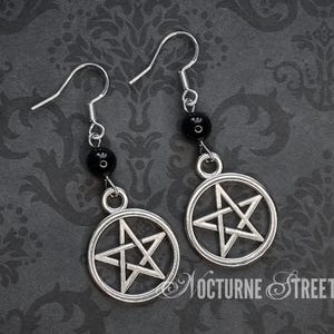Gothic Silver Pentagram Earrings - Black Onyx Pentacle Earrings, Witchy Earrings, Goth Earrings, Wiccan Jewelry, Alternative Jewelry
