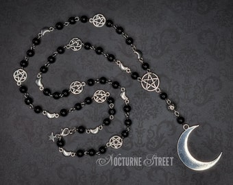 Collar de rosario gótico - collar de luna caprichosa, joyería gótica tradicional, collar de pentagrama oculto, cuentas de oración del rosario pagano