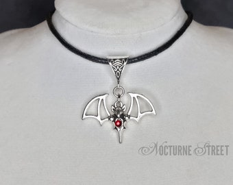 Gothic Bat Cord Choker - Silver Bat Choker, Thin Gothic Choker, Spooky Jewelry, Goth Choker