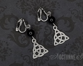 Silver Triquetra Clip-On Earrings With Black Onyx - Gothic Clip-On Earrings, Witchy Non-Pierced Earrings