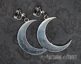 Large Silver Moon Clip-On Earrings - Whimsical Crescent Moon Non-Pierced Earrings, Gothic Clip-On Earrings, Celestial Jewelry