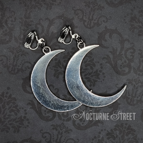 Large Silver Moon Clip-On Earrings - Whimsical Crescent Moon Non-Pierced Earrings, Gothic Clip-On Earrings, Celestial Jewelry