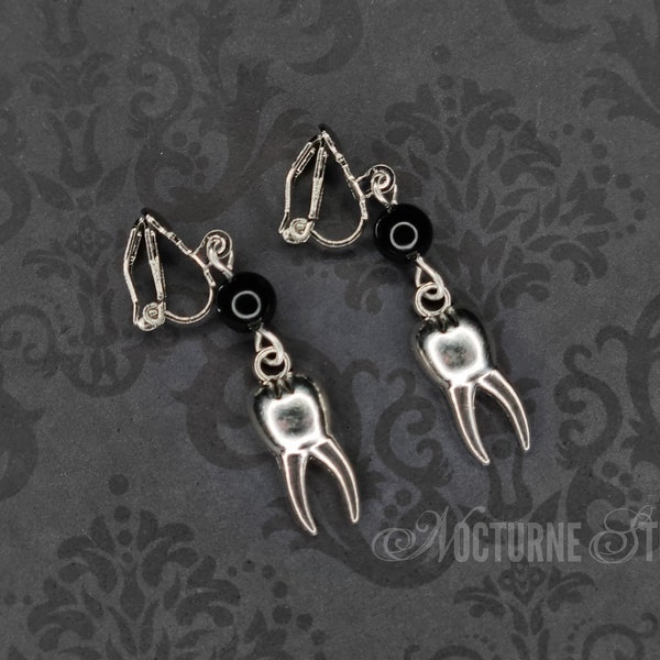 Boucles d’oreilles Clip-On Silver Teeth - Boucles d’oreilles effrayantes, boucles d’oreilles gothiques Clip-On, bijoux en dents d’argent