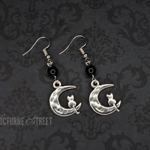 Gothic Cat & Moon Earrings With Black Onyx - Spooky Earrings, Goth Jewelry, Witchy Earrings, Trad Goth Jewellery