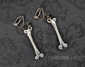 Silver Femur Bone Clip-On Earrings - Creepy Earrings, Gothic Clip-On Earrings, Silver Bone Earrings, Horror Jewelry