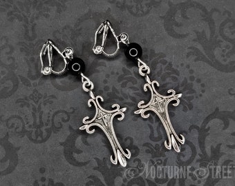 Gothic Cross Clip-On Earrings - Silver Cross Clip-On Earrings, Gothic Clip-On Earrings, Non-Pierced Earrings