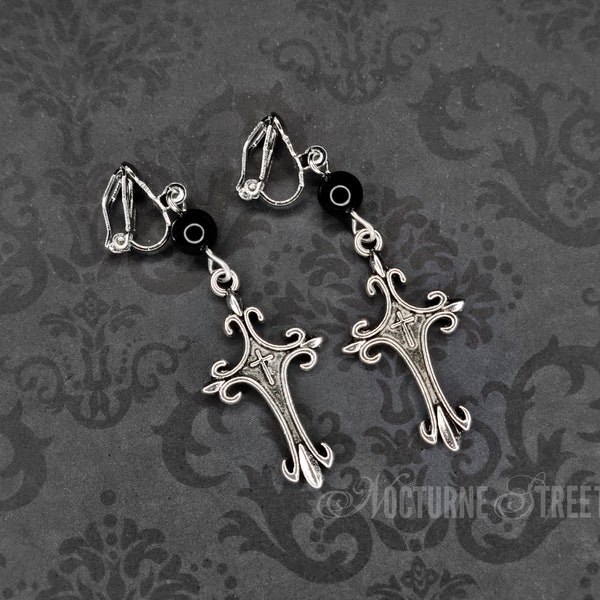 Gothic Cross Clip-On Earrings - Silver Cross Clip-On Earrings, Gothic Clip-On Earrings, Non-Pierced Earrings