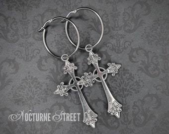 Gothic Cross Hoop Earrings - Large Silver Cross Earrings, Gothic Cross Earrings, Trad Goth Jewelry, Alternative Jewelry, Goth Gift