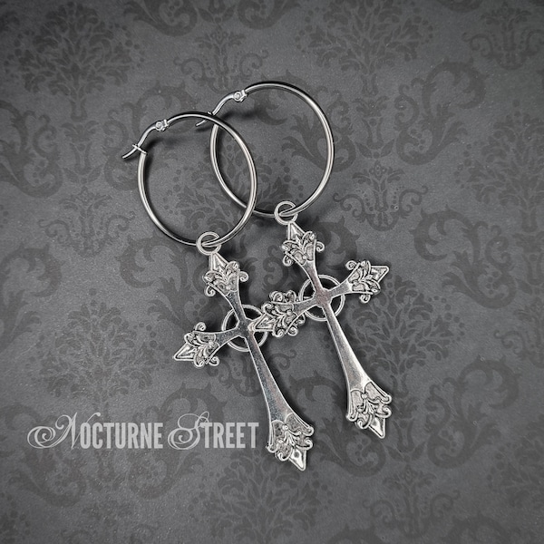 Gothic Cross Hoop Earrings - Large Silver Cross Earrings, Gothic Cross Earrings, Trad Goth Jewelry, Alternative Jewelry, Goth Gift