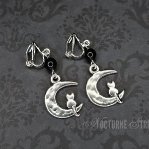 Cat & Moon Clip-On Earrings - Gothic Clip-On Earrings, Silver Cat Non-Pierced Earrings, Silver Moon Jewelry