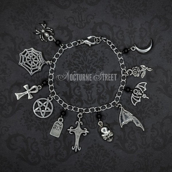 Gothic Charm Bracelet With Black Onyx - Goth Bracelet, Witchy Jewelry, Halloween Bracelet, Alternative Jewelry