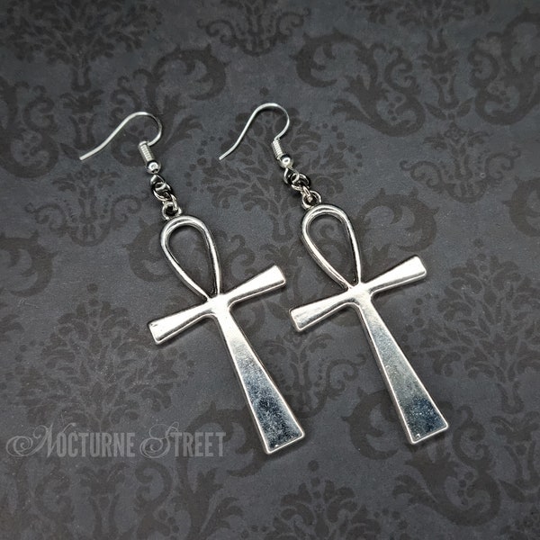 Gothic Silver Ankh Earrings - Large Gothic Ankh Earrings, Trad Goth Earrings, Statement Gothic Jewelry