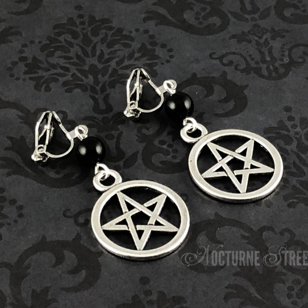 Silver Pentagram Clip-On Earrings - Gothic Clip-On Earrings, Goth Non-Pierced Earrings, Childrens Halloween Earrings