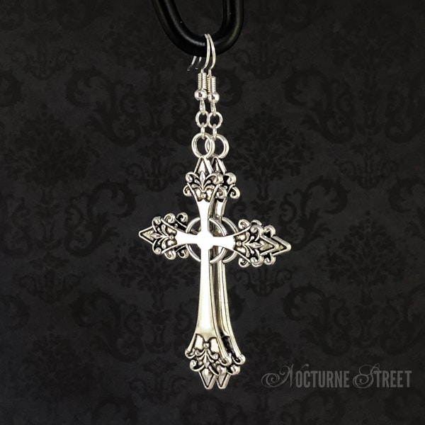 Gothic Silver Cross Earrings - Large Gothic Cross Earrings, Statement Trad Goth Earrings, Gothic Jewelry