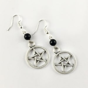 Pentacle Dangle Earrings (Pair) With Onyx Beads - Silver Pentagram Earrings, Goth Pentacle Earrings, Pagan Earrings, Gothic Earrings Jewelry